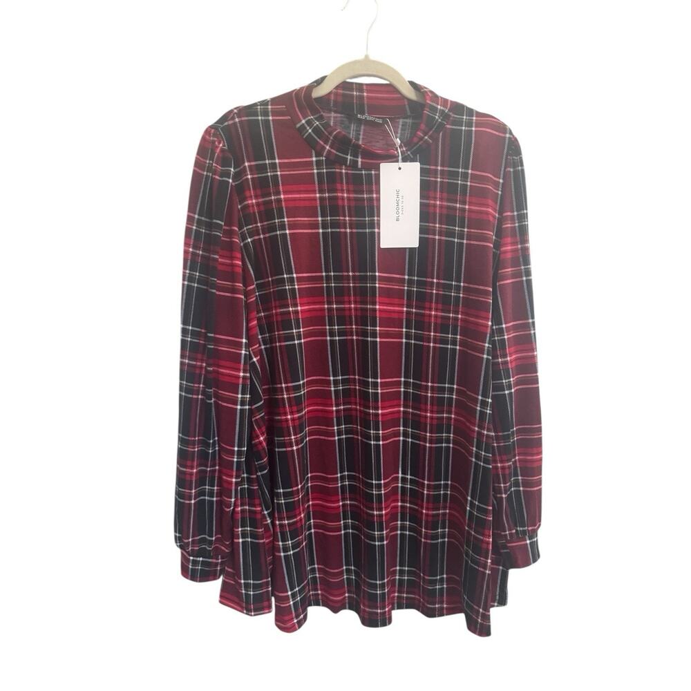 NWT Bloomchic 18-20 Red Burgundy Black Plaid Mockneck Puff Tunic Top #6295